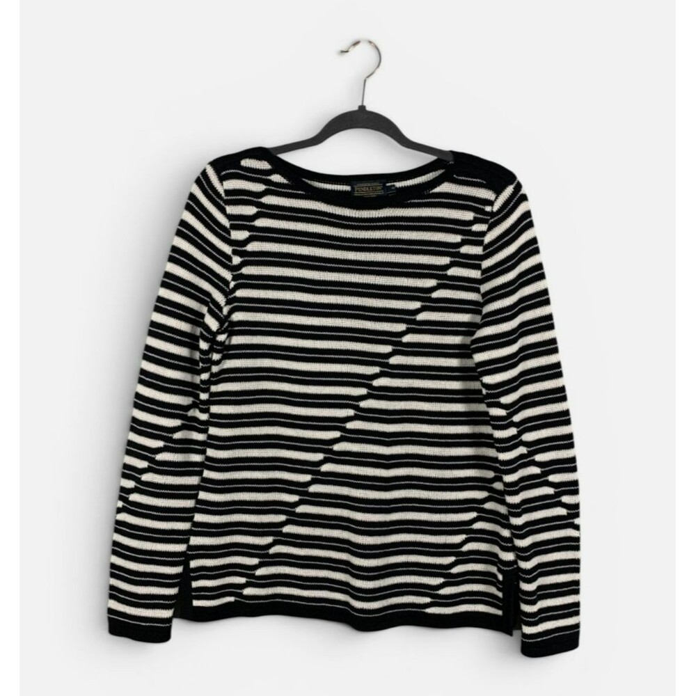 Pendleton Black & White Striped Cotton Knit Sweater Size Medium Pullover Boat
